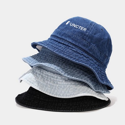 Summer Round Top Washed Denim Jean Bucket Hat Fisherman Cap